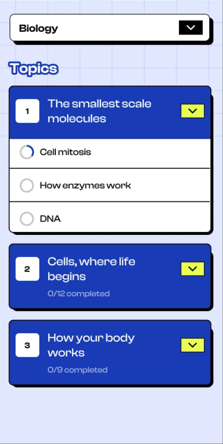 The Koncepts app showing Biology topics, each one expandable into its subtopics