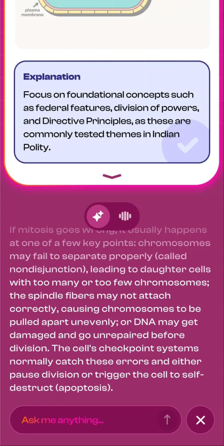 The AI tutor explaining what goes wrong in mitosis, with an ask-anything box below