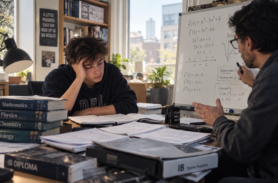 David at a desk stacked with IB textbooks, studying with a private tutor